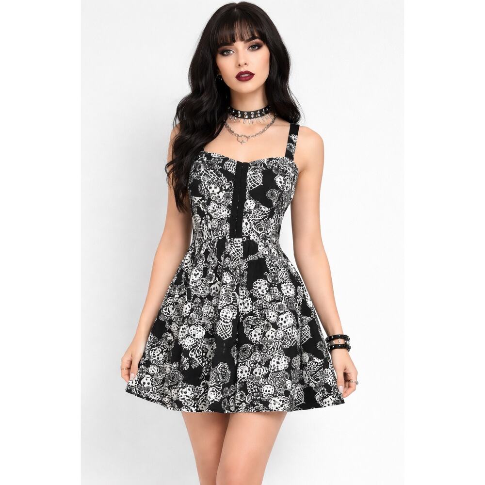 Y2K Royal Bones Skull Print Corset Front Mini Dress Small